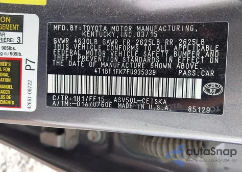 2015 Toyota Camry Se z USA, uszkodzony, nr VIN 4T1BF1FK7FU935339